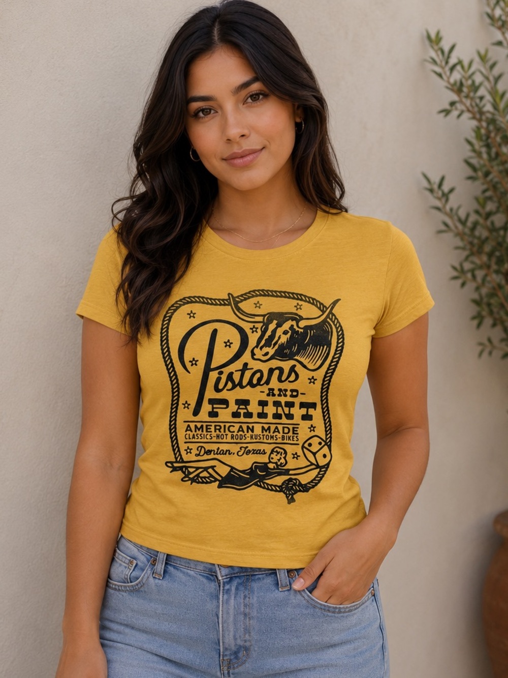 Pistons & Paint Denton Texas Cowgirl Soft Babydoll Shirt Sz SM